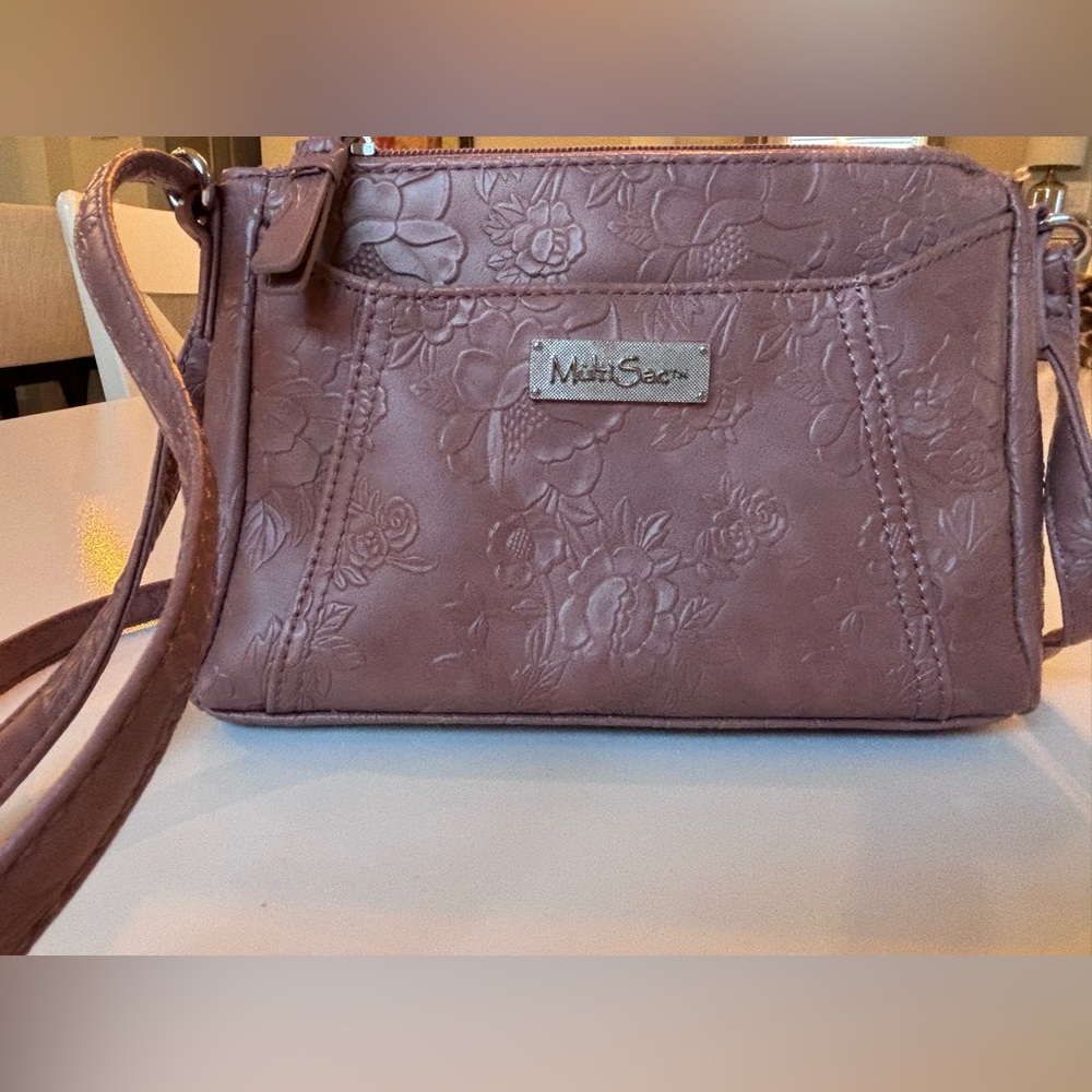 MultiSac Mauve/Dusty Rose Floral Embossed Women's crossbody purse.